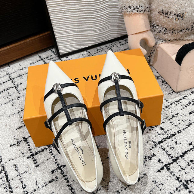 POINTED FLAT SHOES IN WHITE MIX BLACK CALFSKIN