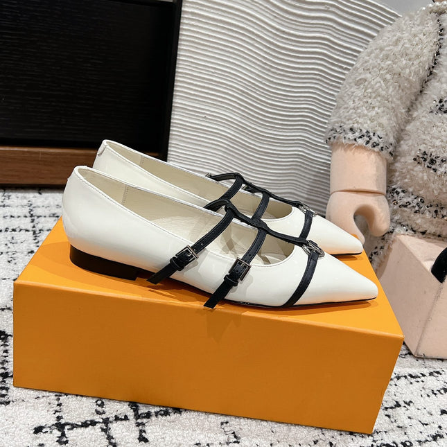 POINTED FLAT SHOES IN WHITE MIX BLACK CALFSKIN