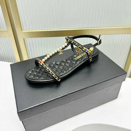 SANDALS PEARL CHAIN IN BLACK COWHIDE