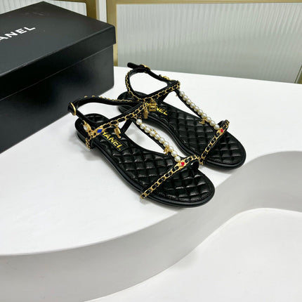 SANDALS PEARL CHAIN IN BLACK COWHIDE