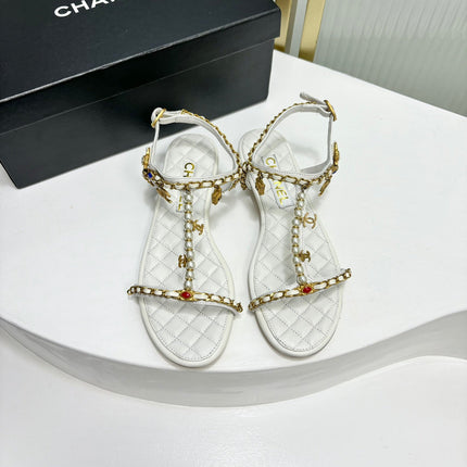 SANDALS PEARL CHAIN IN WHITE COWHIDE