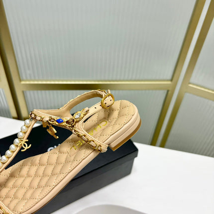 SANDALS PEARL CHAIN IN BEIGE CREAM COWHIDE