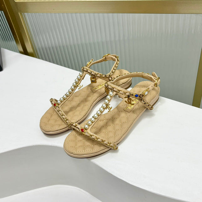 SANDALS PEARL CHAIN IN BEIGE CREAM COWHIDE