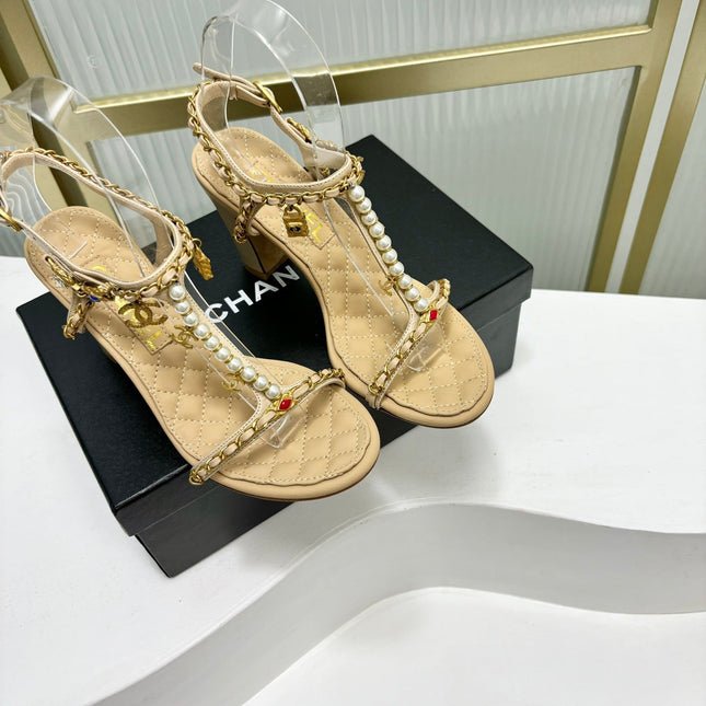 HIGH HEELS PEARL CHAIN IN BEIGE CREAM COWHIDE