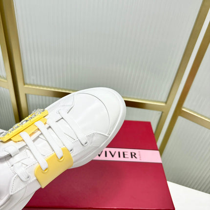 VIV' SKATE SNEAKERS IN WHITE CALFSKIN YELLOW GLITTER STRAP AND CRYSTAL BUCKLE