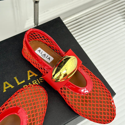ALAIA MARY JANE SHOES IN CHERRY RED MESH WITH GOLD HARDWARE