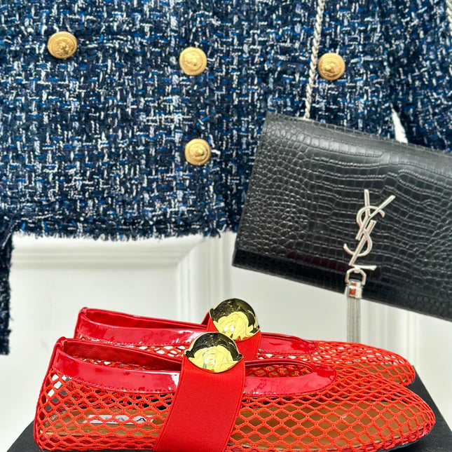 ALAIA MARY JANE SHOES IN CHERRY RED MESH WITH GOLD HARDWARE