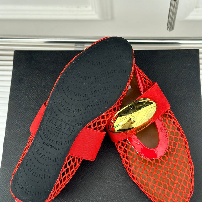 ALAIA MARY JANE SHOES IN CHERRY RED MESH WITH GOLD HARDWARE