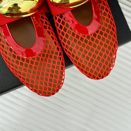 ALAIA MARY JANE SHOES IN CHERRY RED MESH WITH GOLD HARDWARE