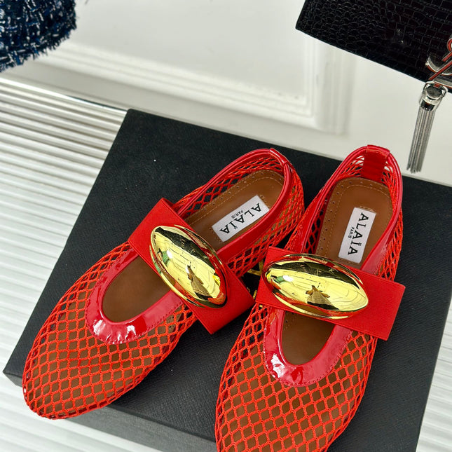 ALAIA MARY JANE SHOES IN CHERRY RED MESH WITH GOLD HARDWARE