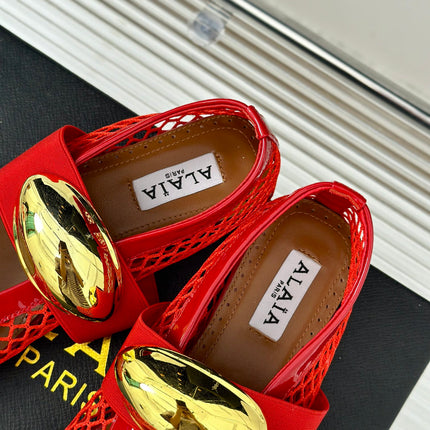 ALAIA MARY JANE SHOES IN CHERRY RED MESH WITH GOLD HARDWARE