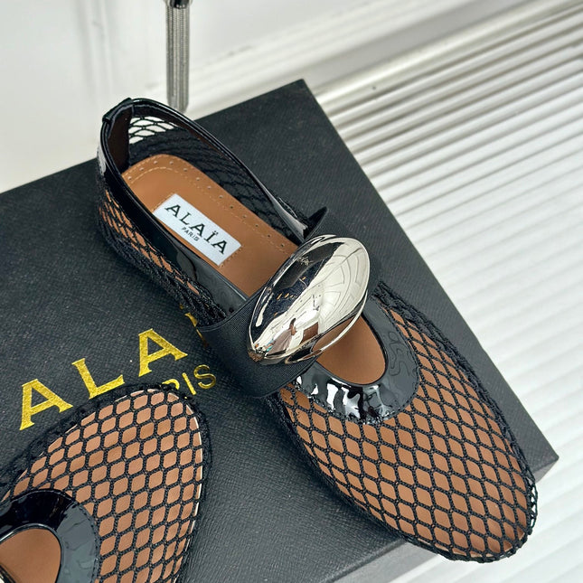 ALAIA MARY JANE SHOES IN BLACK MESH WITH SILVER HARDWARE