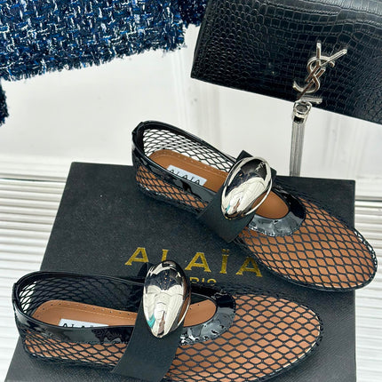 ALAIA MARY JANE SHOES IN BLACK MESH WITH SILVER HARDWARE