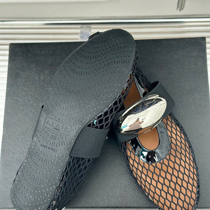 ALAIA MARY JANE SHOES IN BLACK MESH WITH SILVER HARDWARE