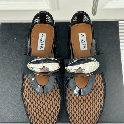 ALAIA MARY JANE SHOES IN BLACK MESH WITH SILVER HARDWARE