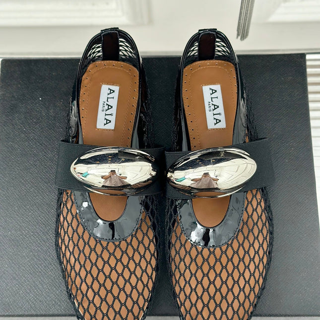 ALAIA MARY JANE SHOES IN BLACK MESH WITH SILVER HARDWARE