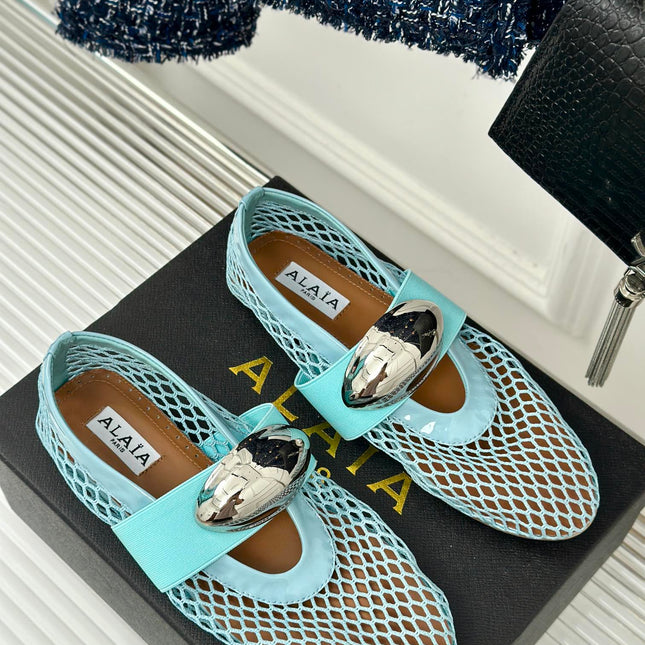 ALAIA MARY JANE SHOES IN SKY BLUE MESH WITH SILVER HARDWARE