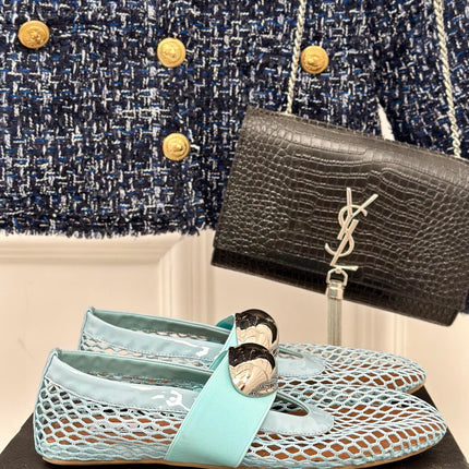 ALAIA MARY JANE SHOES IN SKY BLUE MESH WITH SILVER HARDWARE