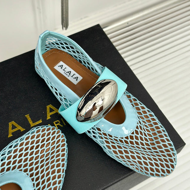 ALAIA MARY JANE SHOES IN SKY BLUE MESH WITH SILVER HARDWARE