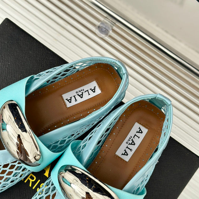 ALAIA MARY JANE SHOES IN SKY BLUE MESH WITH SILVER HARDWARE