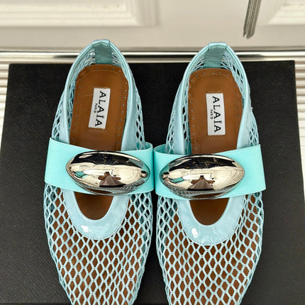 ALAIA MARY JANE SHOES IN SKY BLUE MESH WITH SILVER HARDWARE