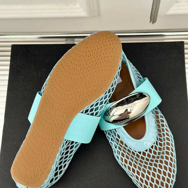 ALAIA MARY JANE SHOES IN SKY BLUE MESH WITH SILVER HARDWARE