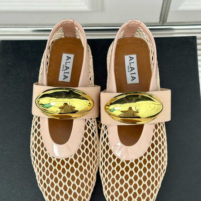 ALAIA MARY JANE SHOES IN BEIGE MESH WITH GOLD HARDWARE