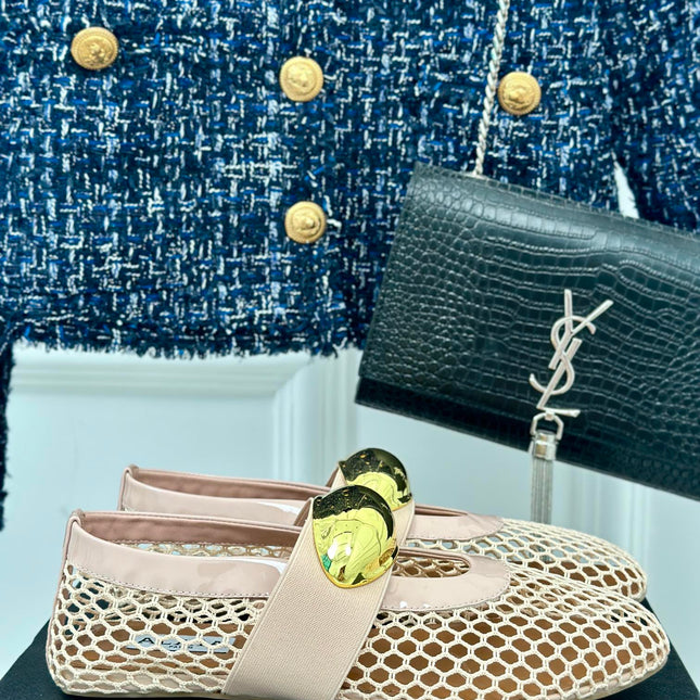 ALAIA MARY JANE SHOES IN BEIGE MESH WITH GOLD HARDWARE