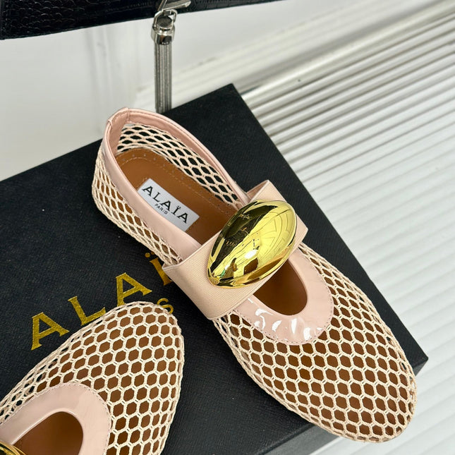 ALAIA MARY JANE SHOES IN BEIGE MESH WITH GOLD HARDWARE