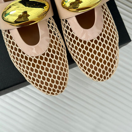 ALAIA MARY JANE SHOES IN BEIGE MESH WITH GOLD HARDWARE