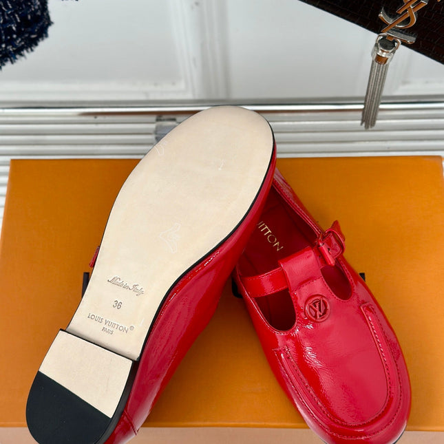 LV WOMEN SOHO FLAT MARY JANE IN CHERRY RED CALFSKIN