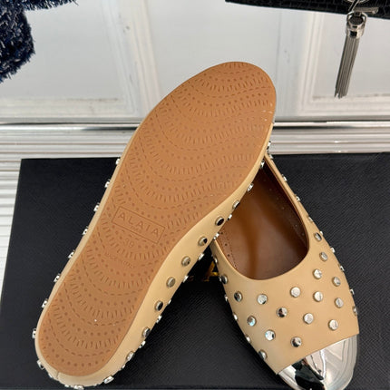 STUD-EMBELLISHED BALLET FLATS IN SEPIA TAN CALFSKIN