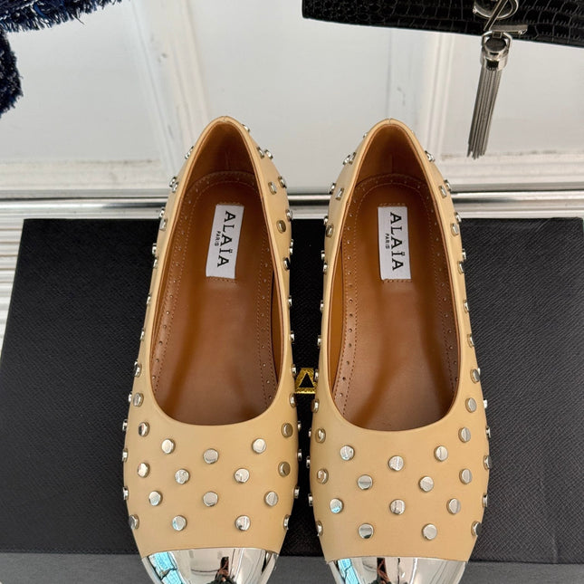 STUD-EMBELLISHED BALLET FLATS IN SEPIA TAN CALFSKIN