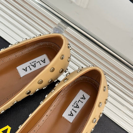 STUD-EMBELLISHED BALLET FLATS IN SEPIA TAN CALFSKIN