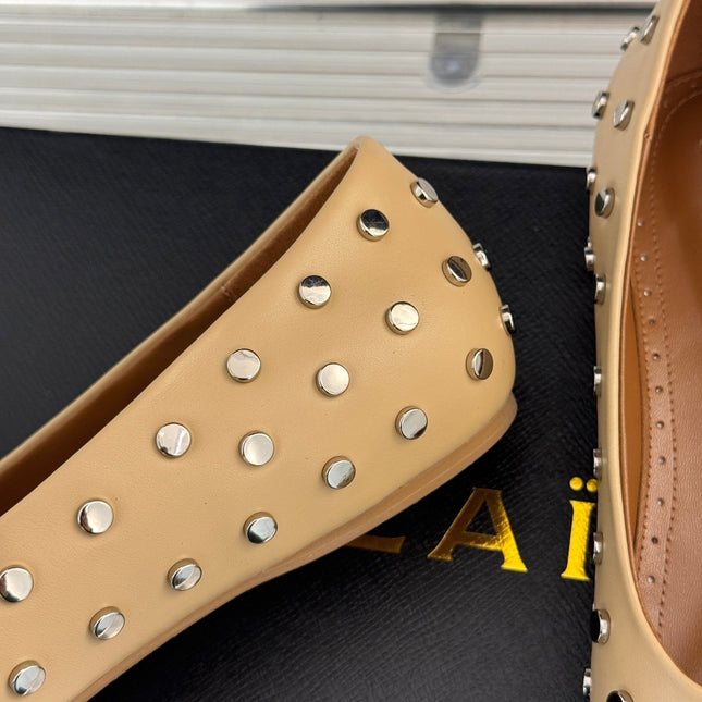STUD-EMBELLISHED BALLET FLATS IN SEPIA TAN CALFSKIN