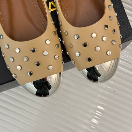 STUD-EMBELLISHED BALLET FLATS IN SEPIA TAN CALFSKIN
