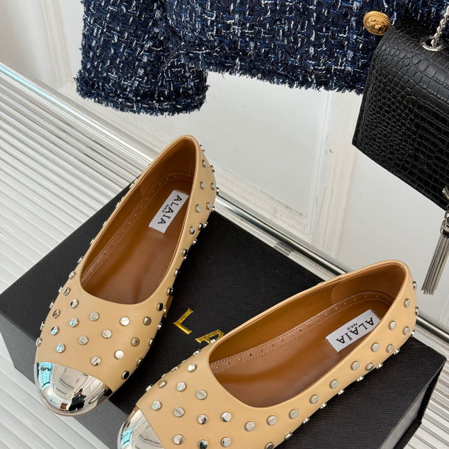 STUD-EMBELLISHED BALLET FLATS IN SEPIA TAN CALFSKIN