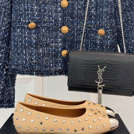 STUD-EMBELLISHED BALLET FLATS IN SEPIA TAN CALFSKIN