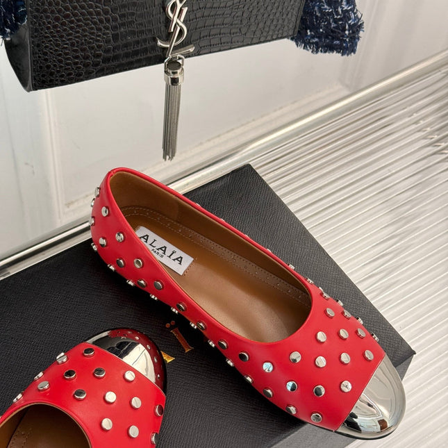 STUD-EMBELLISHED BALLET FLATS IN CHERRY RED CALFSKIN