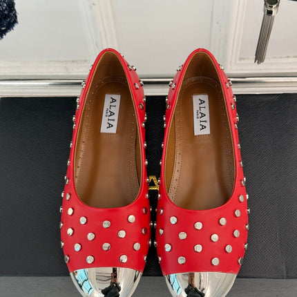 STUD-EMBELLISHED BALLET FLATS IN CHERRY RED CALFSKIN