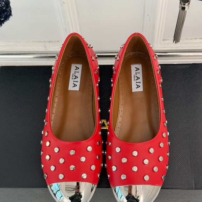 STUD-EMBELLISHED BALLET FLATS IN CHERRY RED CALFSKIN