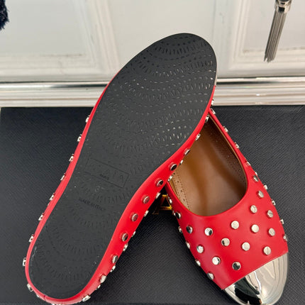 STUD-EMBELLISHED BALLET FLATS IN CHERRY RED CALFSKIN