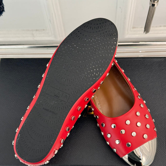 STUD-EMBELLISHED BALLET FLATS IN CHERRY RED CALFSKIN