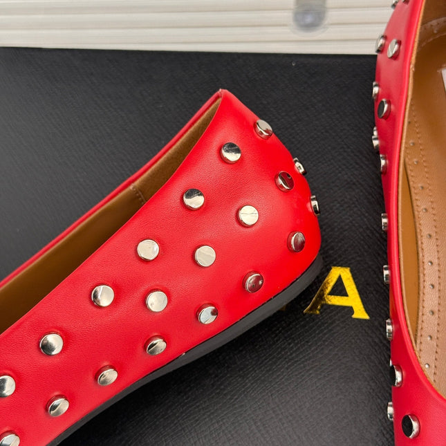 STUD-EMBELLISHED BALLET FLATS IN CHERRY RED CALFSKIN