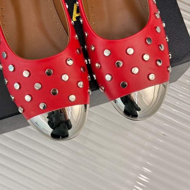 STUD-EMBELLISHED BALLET FLATS IN CHERRY RED CALFSKIN