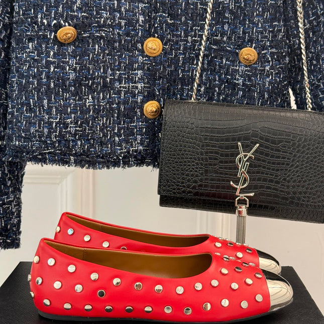 STUD-EMBELLISHED BALLET FLATS IN CHERRY RED CALFSKIN