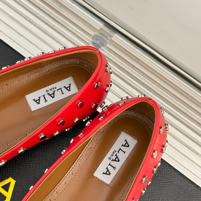 STUD-EMBELLISHED BALLET FLATS IN CHERRY RED CALFSKIN