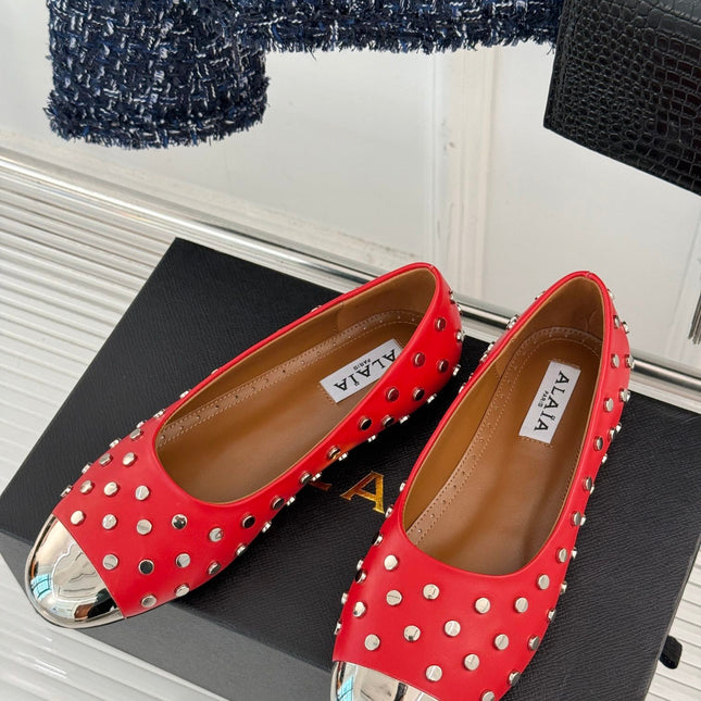 STUD-EMBELLISHED BALLET FLATS IN CHERRY RED CALFSKIN