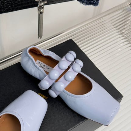ALAIA MARY JANE PEARL IN PALE PURPLE GLOSSY LAMBSKIN