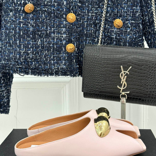 ALAIA FLAT MULE IN LIGHT PINK LAMBSKIN WITH GOLD HARDWARE